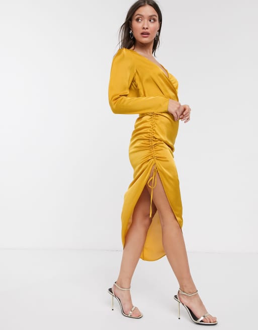 River Island midi wrap dress with gathered side in gold | ASOS