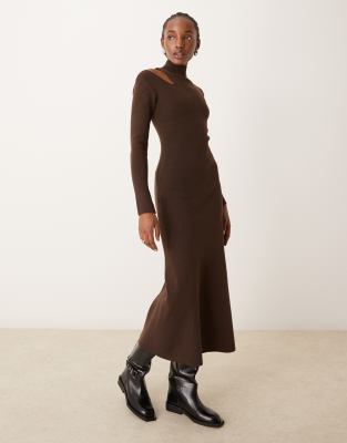 River Island - Midikleid in Dunkelbraun mit Zierausschnitt und Rollkragen