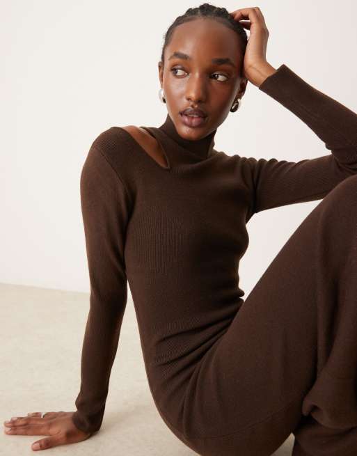 River Island – Midikleid in Dunkelbraun mit Zierausschnitt und Rollkragen, 2 von 4