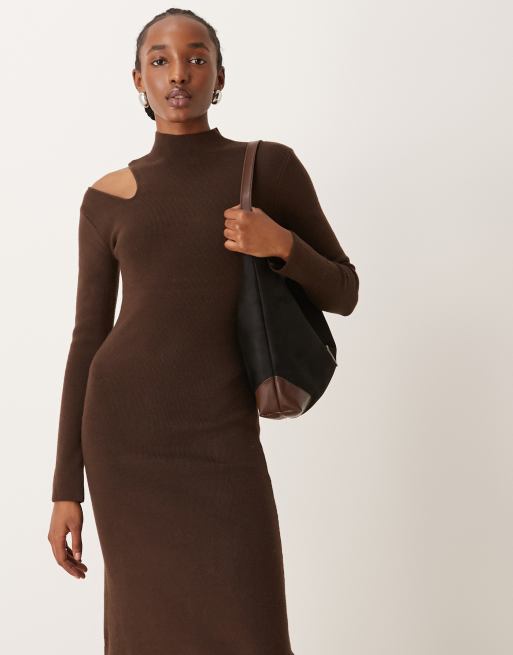 River Island – Midikleid in Dunkelbraun mit Zierausschnitt und Rollkragen, 3 von 4