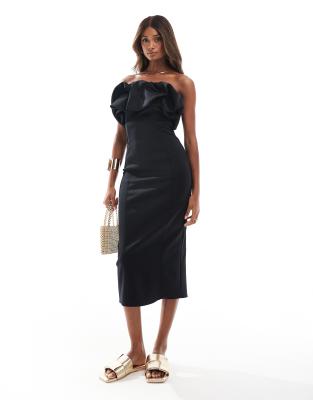 Thumbnail - River Island - Midikleid in Schwarz mit Puffärmeln und Bardot-Ausschnitt