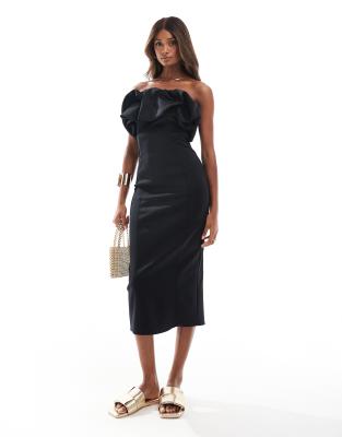 River Island - Midikleid in Schwarz mit Puffärmeln und Bardot-Ausschnitt