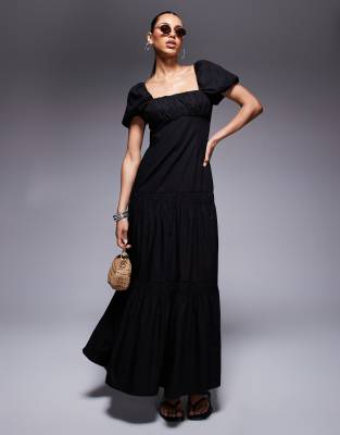 River Island - Midikleid in Schwarz mit Puffärmeln und Milchmädchen-Ausschnitt