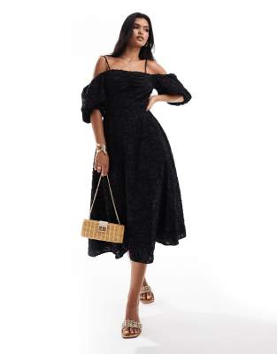 River Island - Midikleid in Schwarz mit Puffärmeln