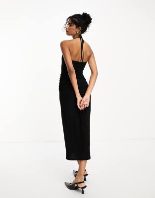 River Island - Midikleid in Schwarz mit verziertem Neckholder