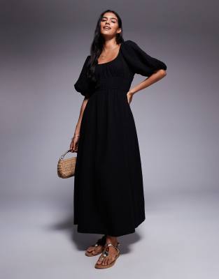 River Island - Midikleid in schwarzer Leinenoptik mit Puffärmeln