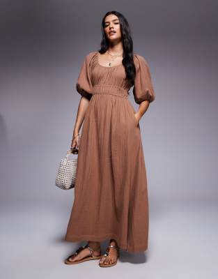 River Island - Midikleid in steinbeiger Leinenoptik mit Puffärmeln-Neutral