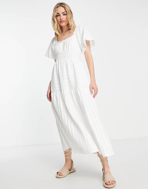 River Island – Midikleid in Weiß mit Lochspitze