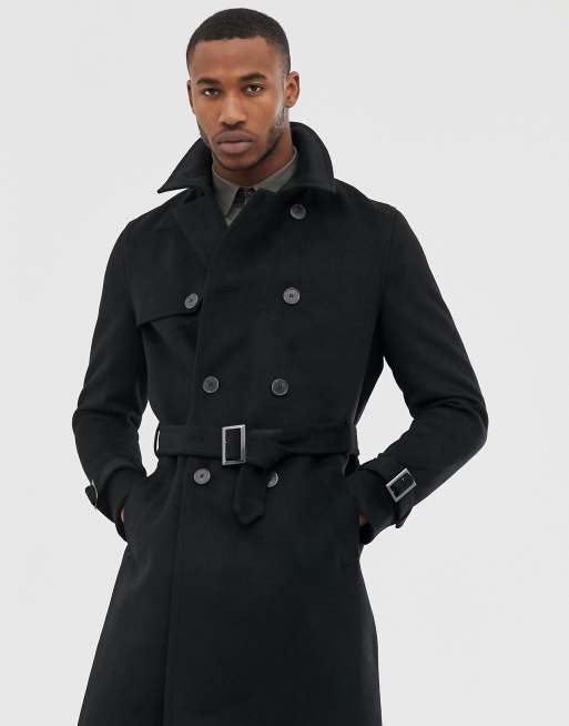 Men's Double Breasted Military Black Suede Coat