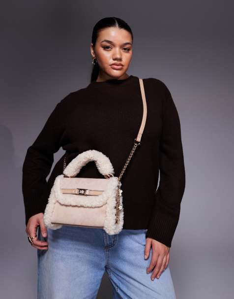 River Island mini borg lined detail cross body bag in beige - view 1