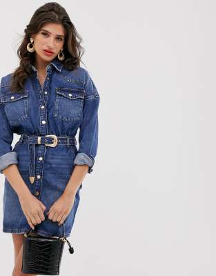 River Island mini denim shirt dress in mid wash-Blue