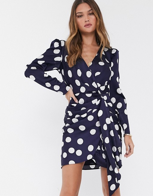 River Island mini dress with ruched detail in navy polka dot