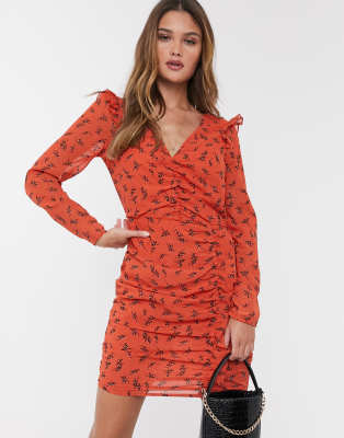 River Island mini dress with ruched sleeves in red floral print