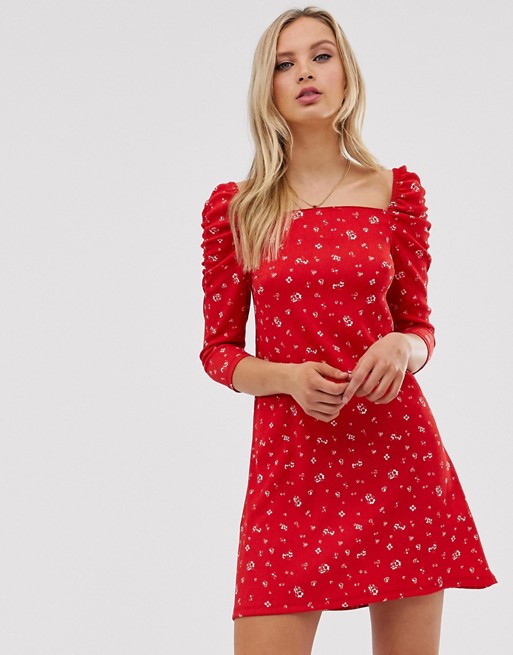 River Island mini dress with square neck in red floral print