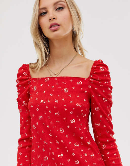 River Island mini dress with square neck in red floral print, 3 of 4