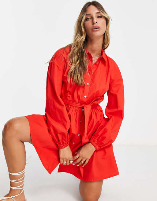 River Island – Mini-Hemdkleid in Rot mit Bindegürtel
