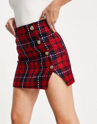 Femme River Island - Mini-jupe d'ensemble en tissu bouclé à carreaux écossais - Rouge