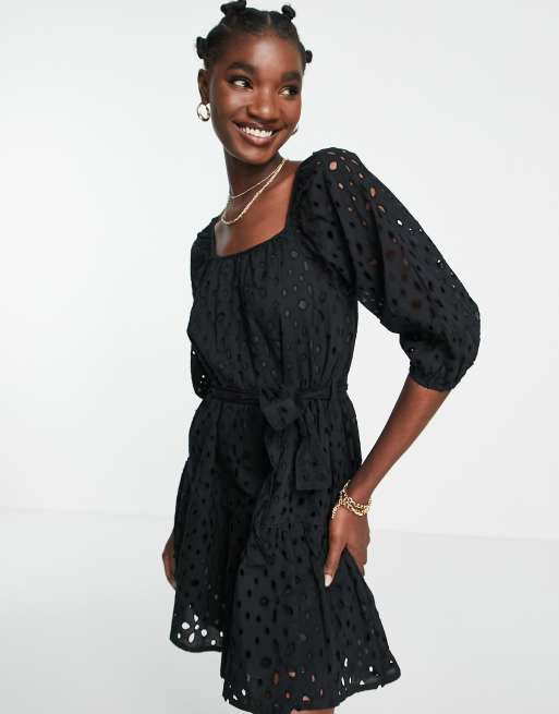 River Island - Mini jurk met broderie en ceintuur in zwart, 3 van 4