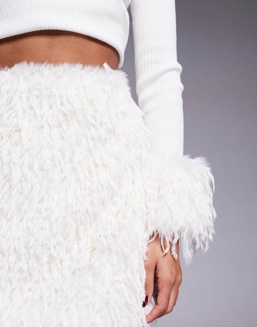 River Island - Minigonna color crema con piume sintetiche in coordinato, 4 di 5