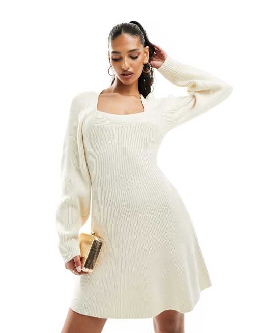 River Island – Minikleid in Creme mit eckigem Ausschnitt