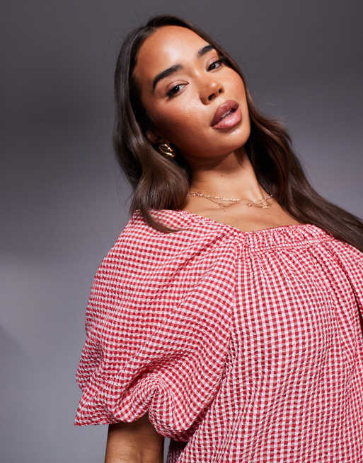 River Island – Minikleid in Rot mit Vichy-Karos und Puffärmeln, 2 von 4