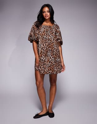 River Island - Minikleid mit Leopardenmuster und Puffärmeln-Braun