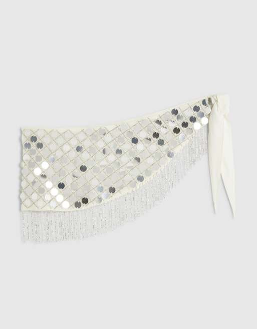 River Island Mirror sequin hip scarf in cream, 3 of 4