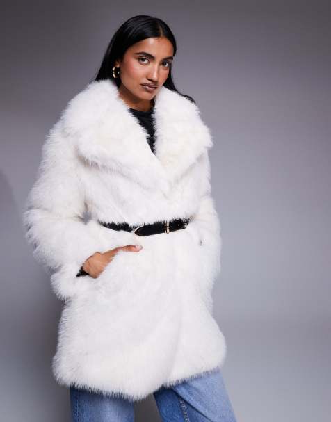River Island – Mittellanger Mantel aus Kunstpelz in Cremeweiß mit Gürtel - view 1