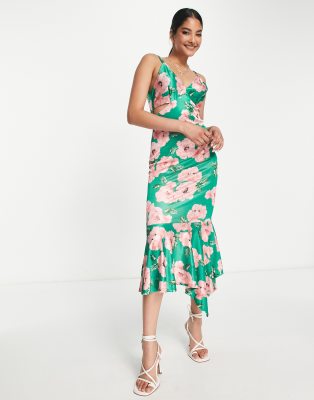 River Island - Mittellanges Träger-Slipkleid aus Satin in Grün mit Blumenmuster