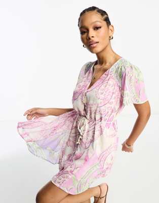 River Island button detail mini dress in pink paisley print