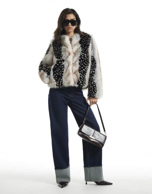 River Island Mixed faux fur plush coat in cream, 2 of 4