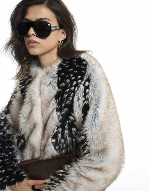 River Island Mixed faux fur plush coat in cream, 3 of 4
