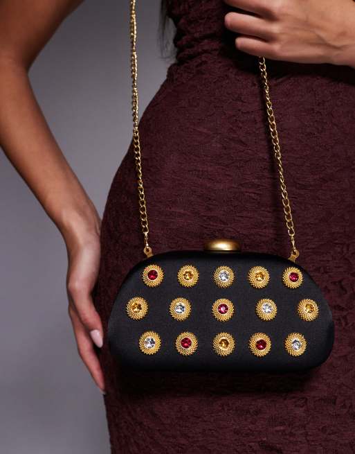 River Island mixed faux gem hard shell clutch bag in black , 2 of 4