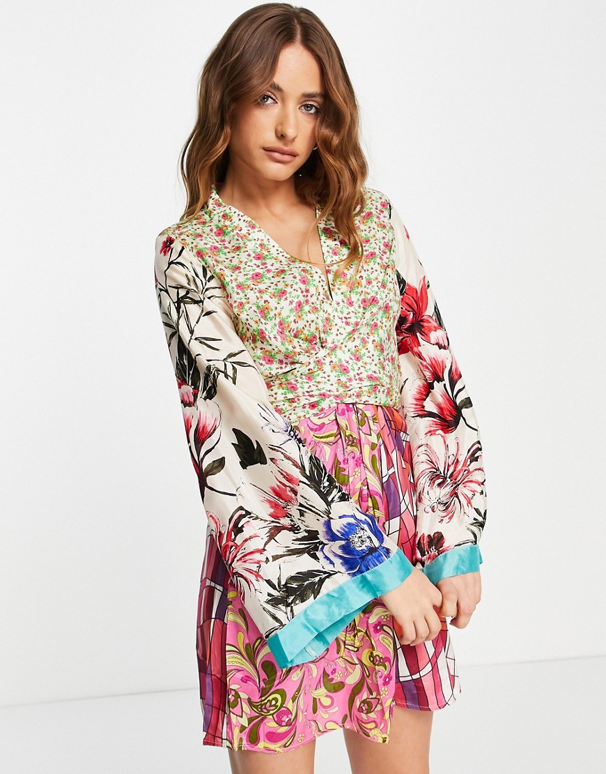 River Island mixed floral print wrap mini dress in bright pink
