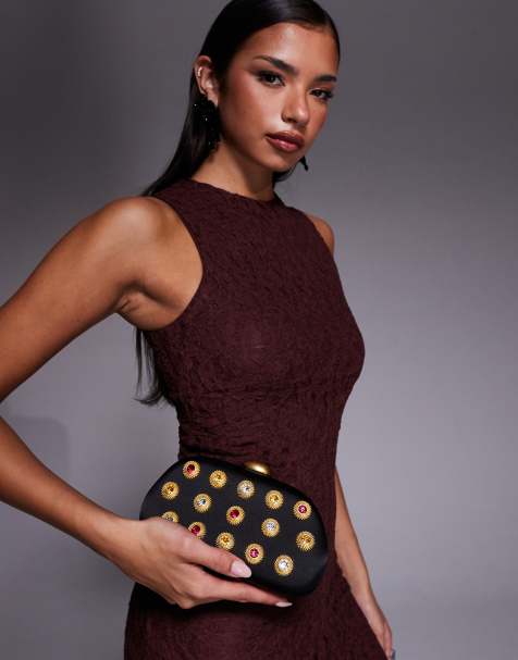 River Island mixed gem hard shell clutch bag in black - view 1