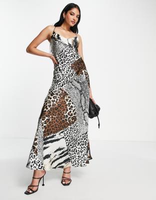 River Island mixed print animal backless maxi slip dress in black