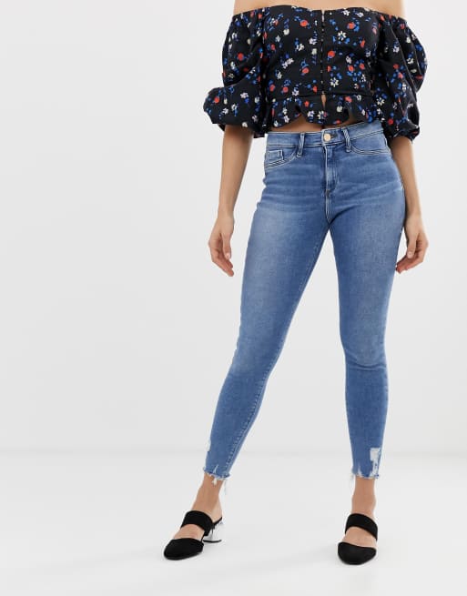 River Island Molly skinny jeans with raw hem in mid wash | ASOS