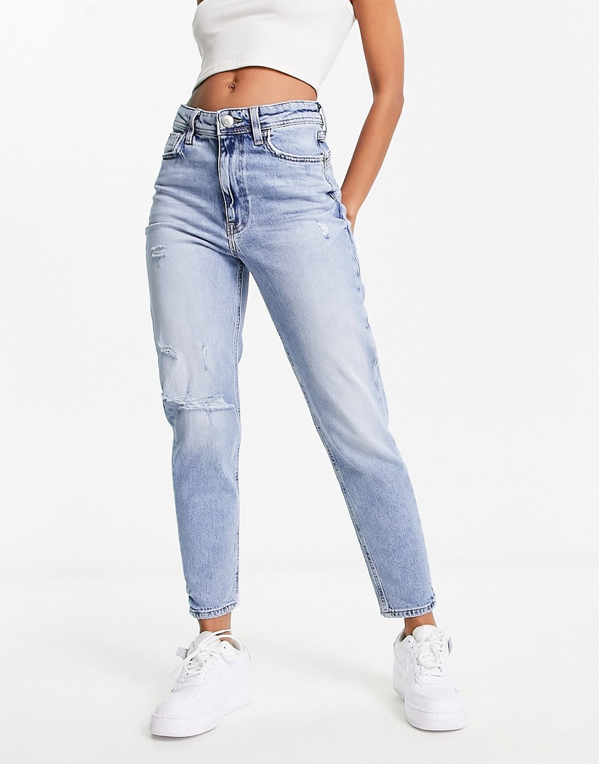 River Island mom high rise jean with rips in medium blue