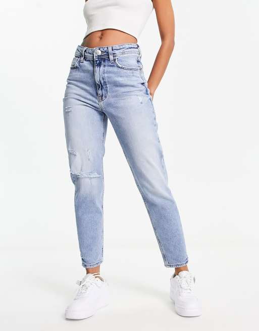 River Island mom high rise jeans with rips in medium blue