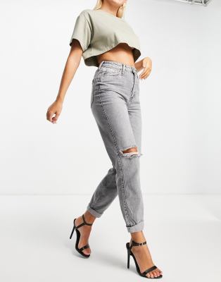 River Island - Mom-Jeans in Grau mit hohem Bund und Zierrissen