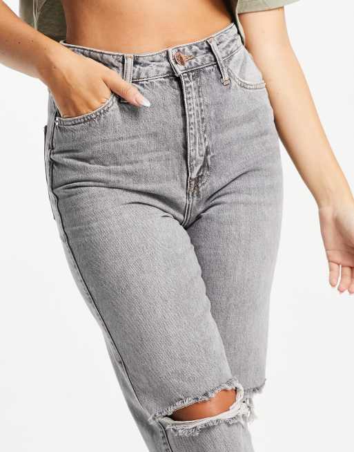 River Island – Mom-Jeans in Grau mit hohem Bund und Zierrissen, 2 von 4