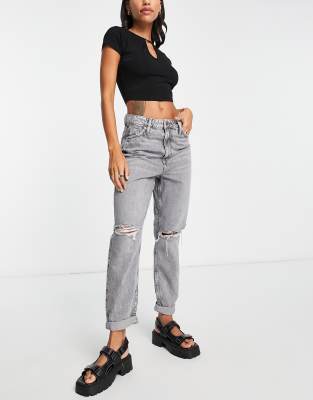 River Island - Mom-Jeans in Grau mit hohem Bund und Zierrissen