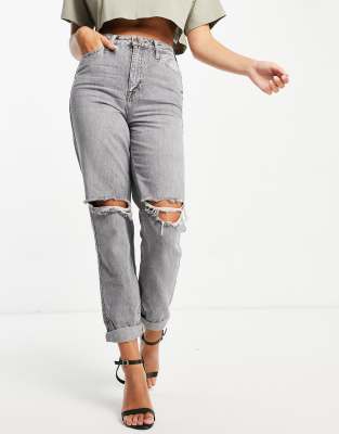 River Island - Mom jeans met hoge taille en scheuren in grijs | ASOS