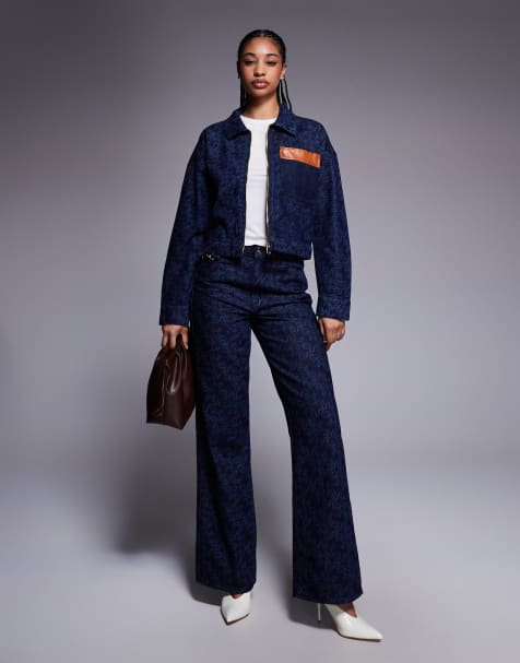 River Island mongrammed denim jacket and jean co-ord in medium blue - view 1
