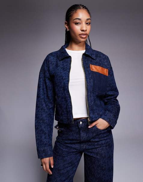 River Island mongrammed denim jacket co-ord in dark denim