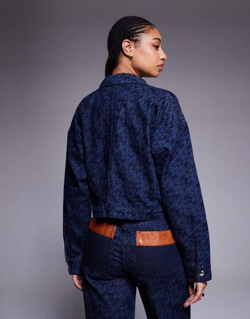 River Island mongrammed denim jacket co-ord in dark denim, 2 of 4