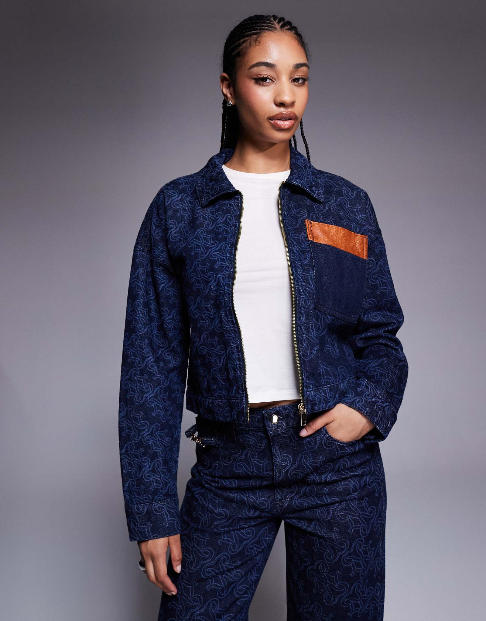 Джинсовая куртка с вышивкой River Island из темного денима - часть комплекта