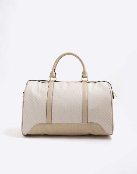 River Island Monogram barrel holdall weekend bag in beige - light - view 1