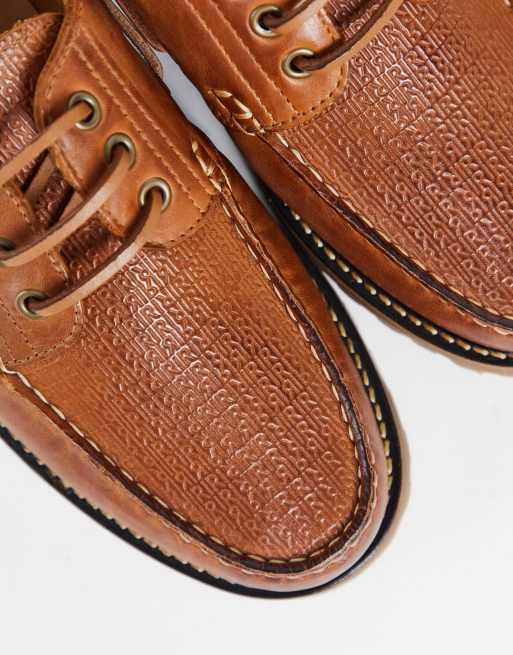 ASOS DESIGN boat shoe in tan leather with weave detail