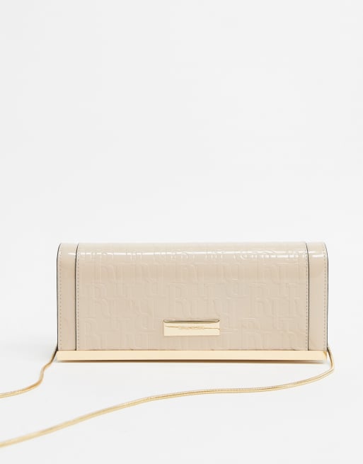 River Island monogram clutch bag with chain strap in beige